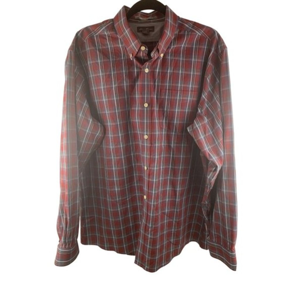Eddie Bauer Dress Shirt Mens Red and Blue Plaid Wrinkle Free Relaxed Fit Size La